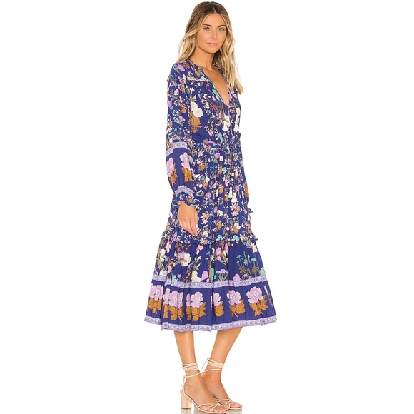 Wild Bloom Gypsy Boho Blue Floral Flowy Midi Dress - Picture 3 of 11